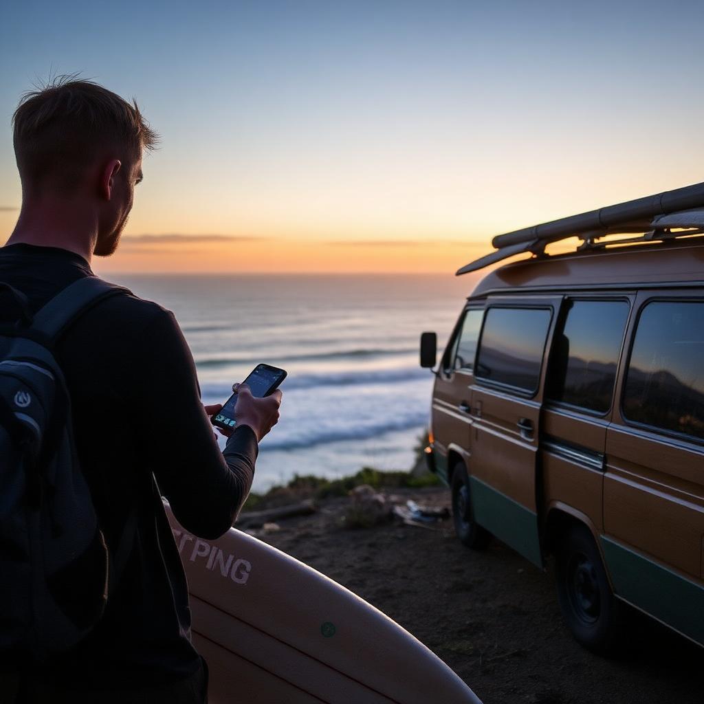 Surfista planejando trip com o Waves